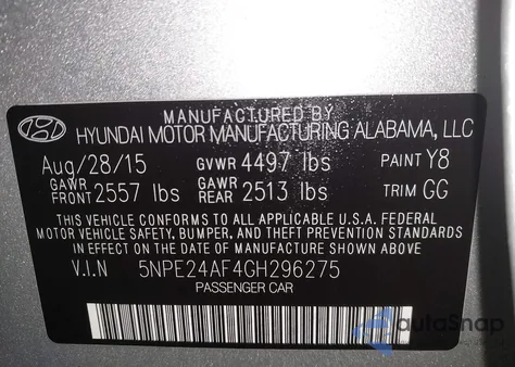 2016 Hyundai Sonata Se z USA, uszkodzony, nr VIN 5NPE24AF4GH296275